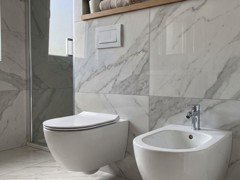 Bidet next to a wall-hung toilet with side clearance