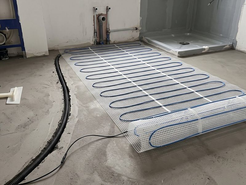 Electric heating mat rolled out on the screed before tiling
