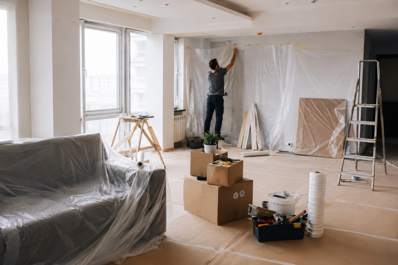 Flat prepared for renovation with the work area cleared in Prague