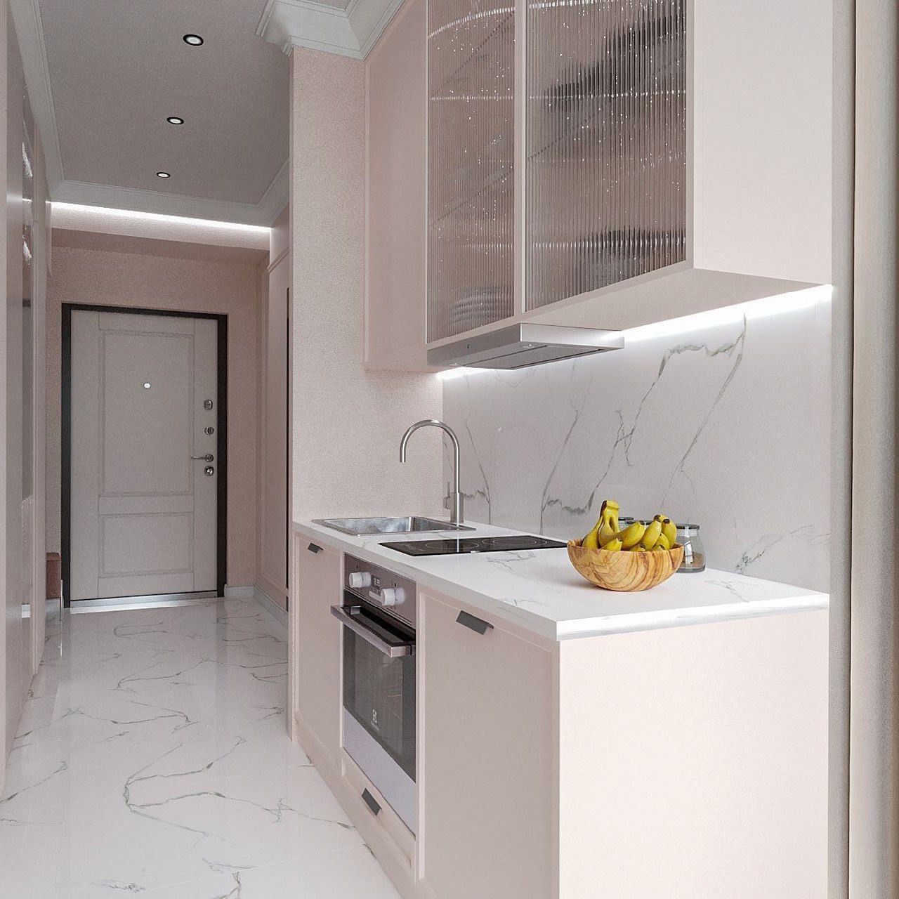 Kitchen renovation - cream cabinetry with a marble worktop, Prague