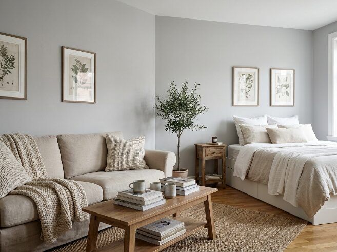 Living room with light grey walls