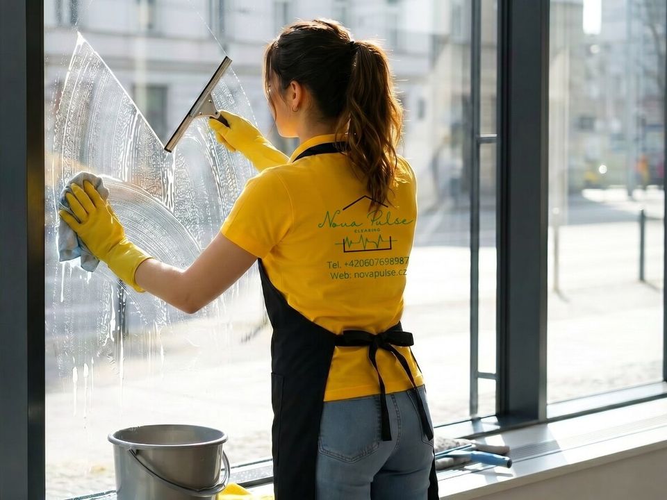 Pracovnice úklidové firmy Nova Pulse Cleaning myje okno v kanceláři v Praze