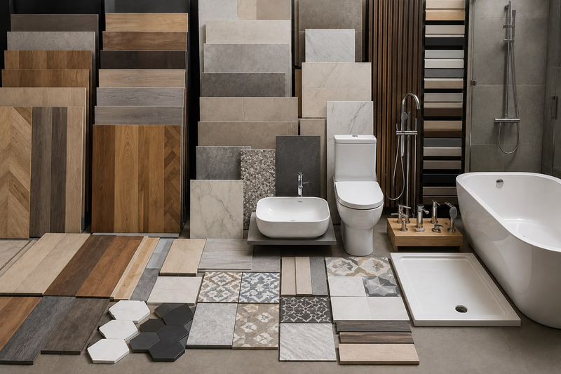 Floor, tile and bathroom material samples prepared for selection