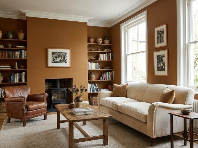 Bedroom with an accent wall in an earthy brown shade